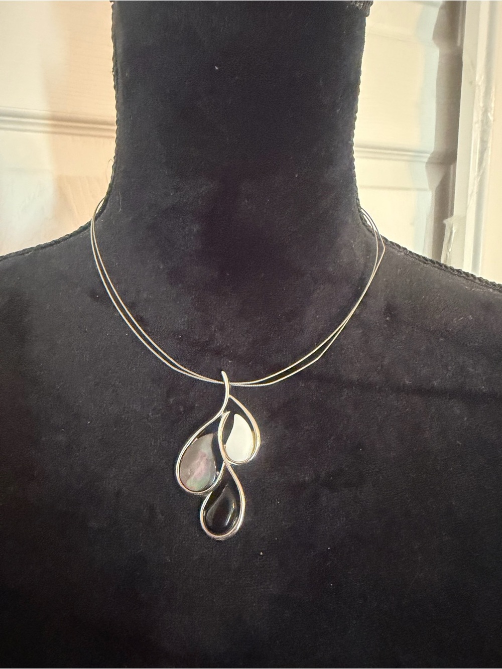 Lia Sophia Silver Triple Teardrop Necklace with Black and Iridescent Inlays